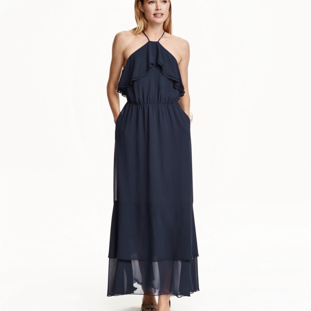 H&M - Size 4 - Blue Halter Maxi Dress with Ruffled Tie Front
